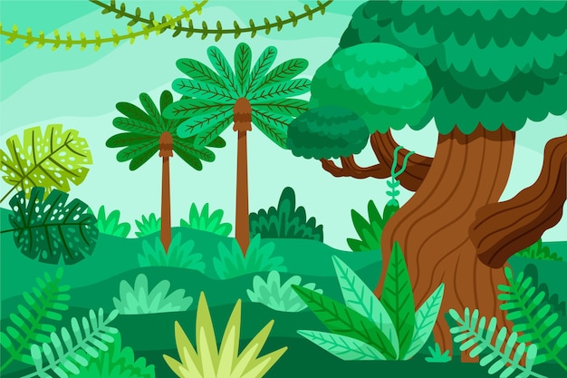 豊かな植生と漫画のジャングルの背景 無料のベクター