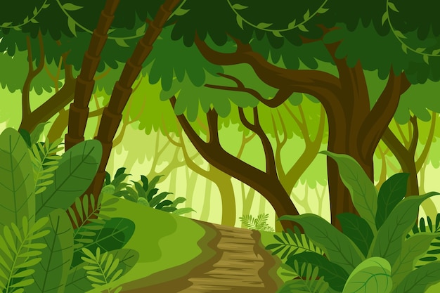 Free Vector | Cartoon jungle background with pathway through exotic plants