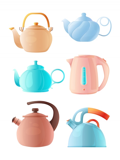 Premium Vector | Cartoon kettles. big set of various teapots