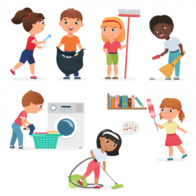 Premium Vector | Cartoon kids cleaning at home set. children in various ...