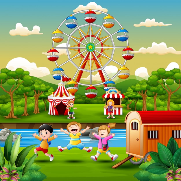 Premium Vector | Cartoon of kids having fun at amusement park