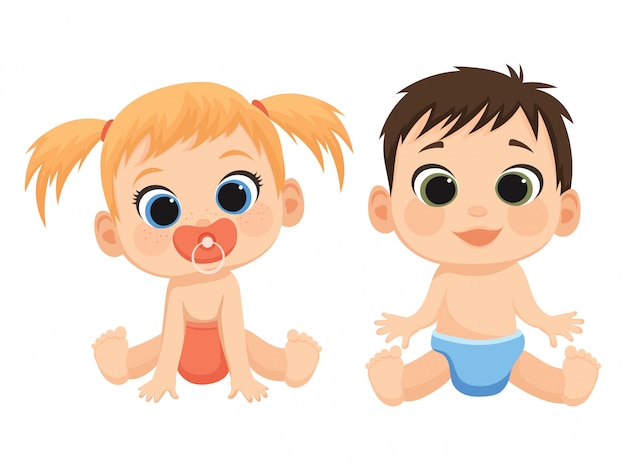 漫画の子供たち かわいい赤ちゃんのイラスト 男の子と女の子のパンパース プレミアムベクター