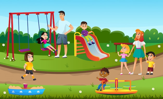 Premium Vector Cartoon Kids Play Swing Slide Sandbox Playground