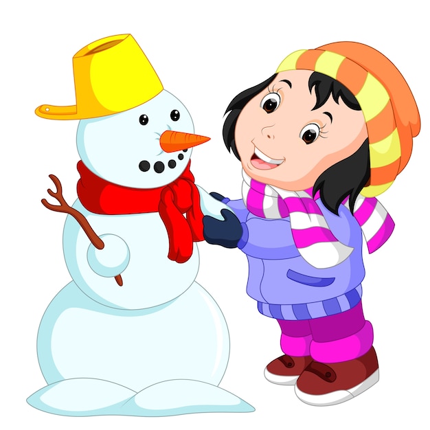 Premium Vector | Cartoon kids playing with snowman