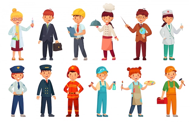 Premium Vector Cartoon Kids In Professional Uniform Doctor Children Outfit Businessman Kid And Baby Engineer Worker Set