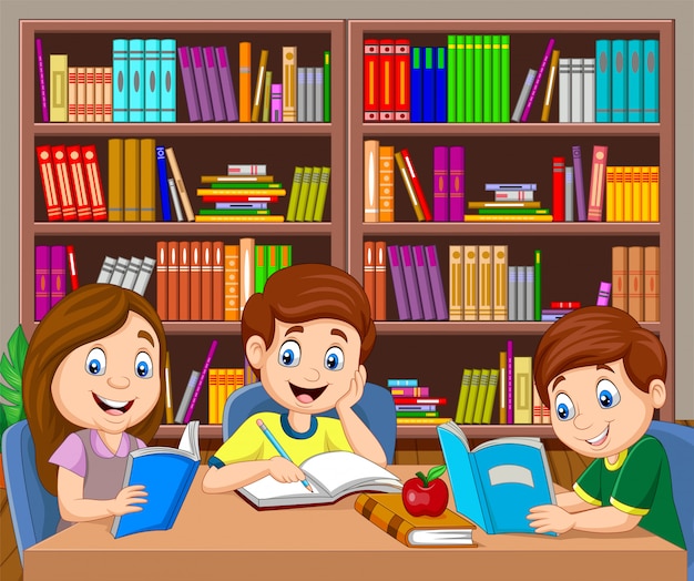 Cartoon kids studying in the library Premium Vector
