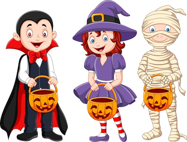 Cartoon kids with Halloween costume holding pumpkin basket ...