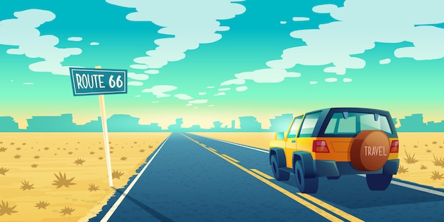 Free Vector | Cartoon landscape of barren desert with long highway. car