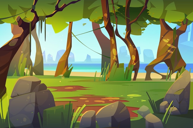 Vector | Cartoon landscape with forest sea view, scenery background, natural trees, moss on trunks and rocks in ocean