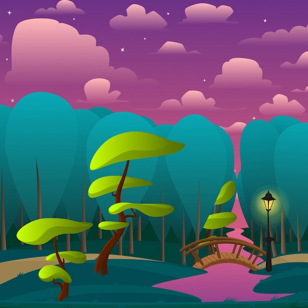 Cartoon landscape with violet sky