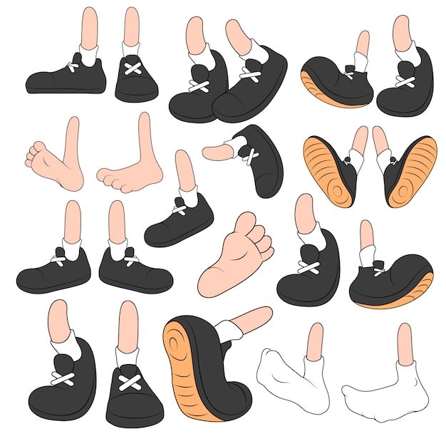 Cartoon legs in boots, comic feet in shoes Premium Vector