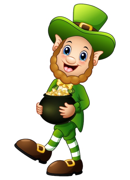 Premium Vector | Cartoon leprechaun holding a pot of gold