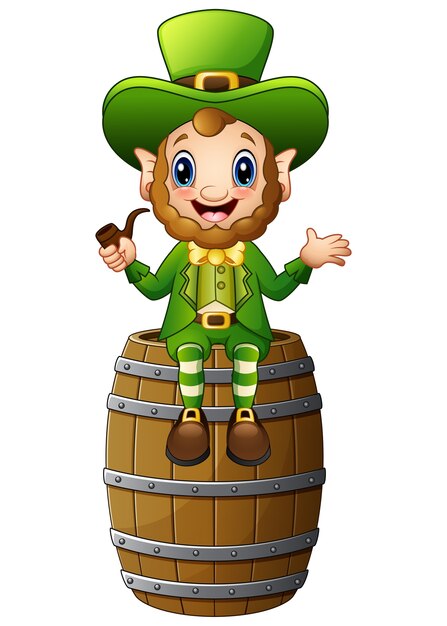 Premium Vector | Cartoon leprechaun sitting on barrel and holding a ...