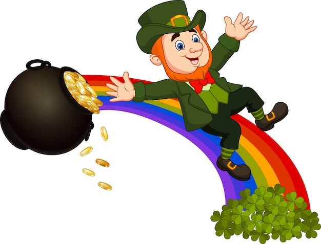 Cartoon leprechaun sliding down the rainbow Vector | Premium Download