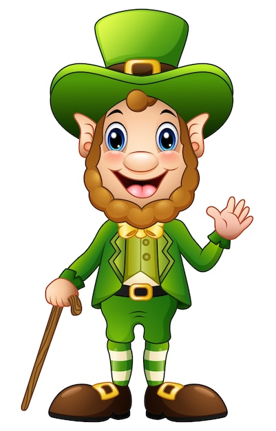 Premium Vector | Cartoon leprechaun waving hand with holding a stick