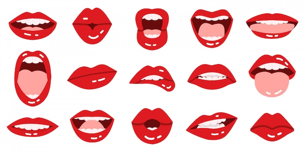 漫画の唇 女の子の赤い唇 美しい笑顔 キス 舌 表情豊かな感情イラストアイコンセットと赤い唇を表示します 口紅のキス 赤いグラマーコレクション プレミアムベクター