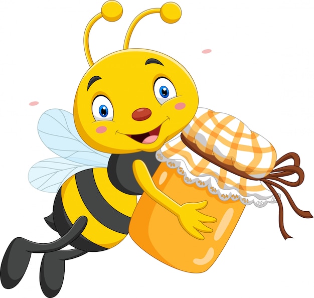 Cartoon little bee holding honey jar | Premium Vector