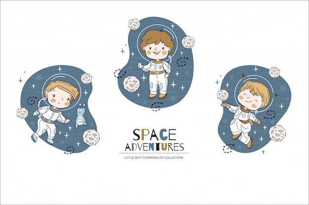 漫画の小さな男の子の宇宙飛行士のコレクション 手描きイラスト プレミアムベクター