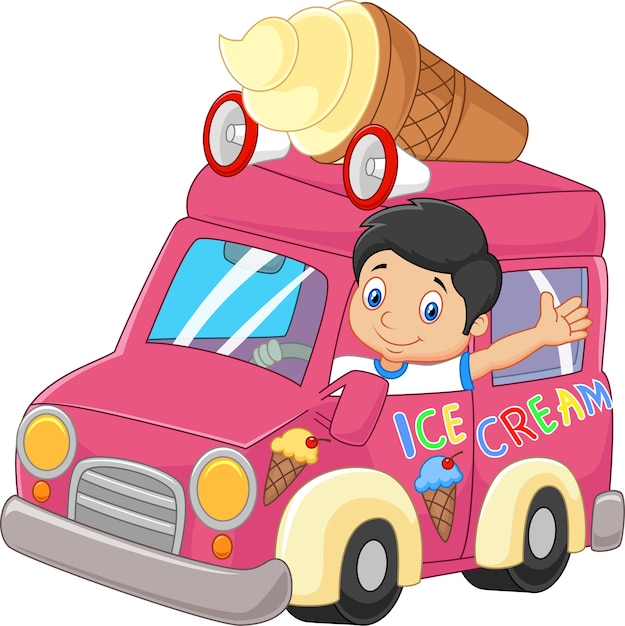 Cartoon little boy driving car and waving Premium Vector