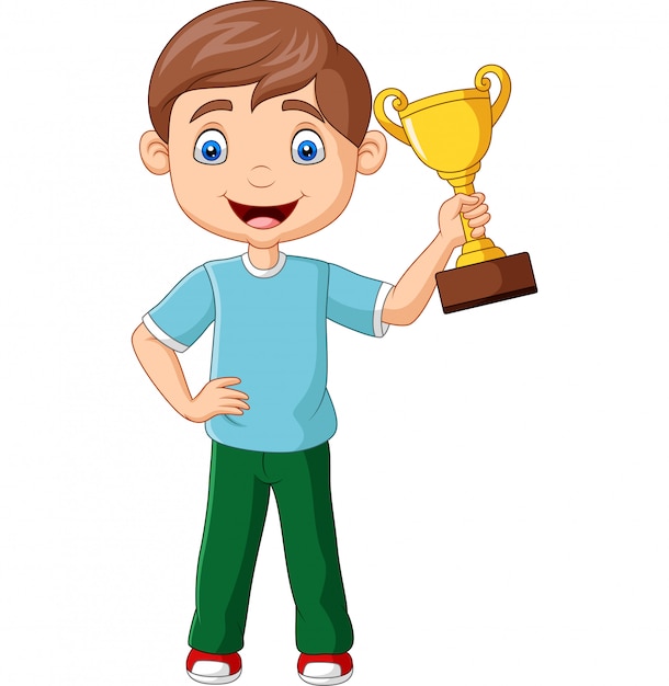 Premium Vector Cartoon Little Boy Holding Gold Trophy
