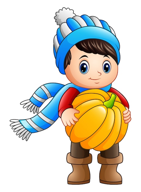 Download Premium Vector | Cartoon little boy holding a pumpkin