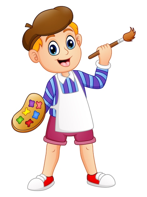 Premium Vector | Cartoon little boy painting