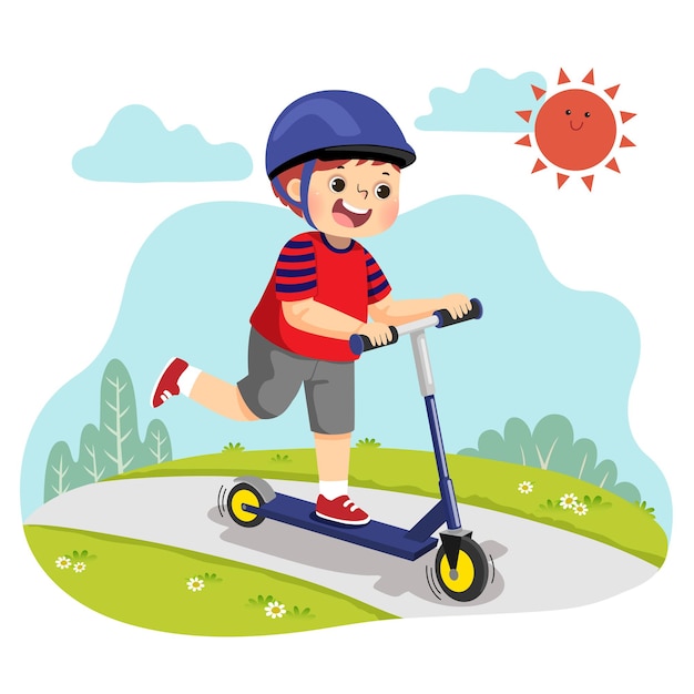 Premium Vector | Cartoon of little boy riding two wheeled scooter in ...