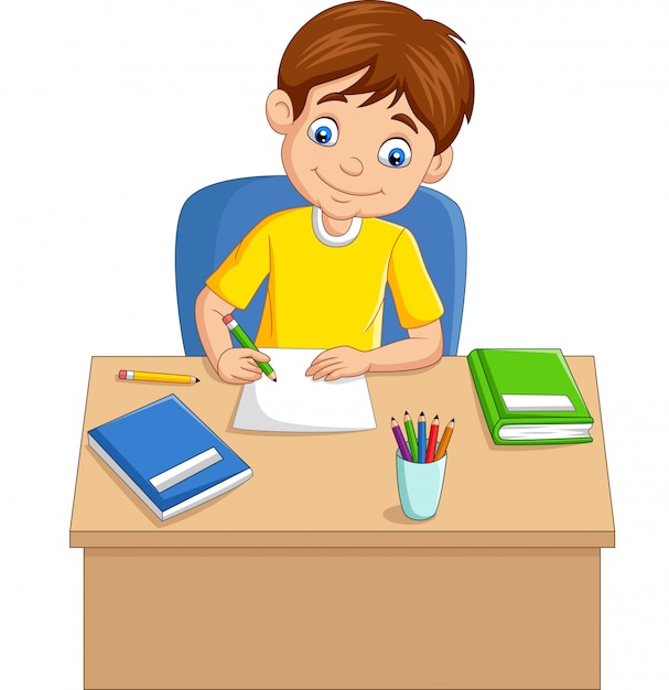  Cartoon  little boy studying  on the table Premium Vector