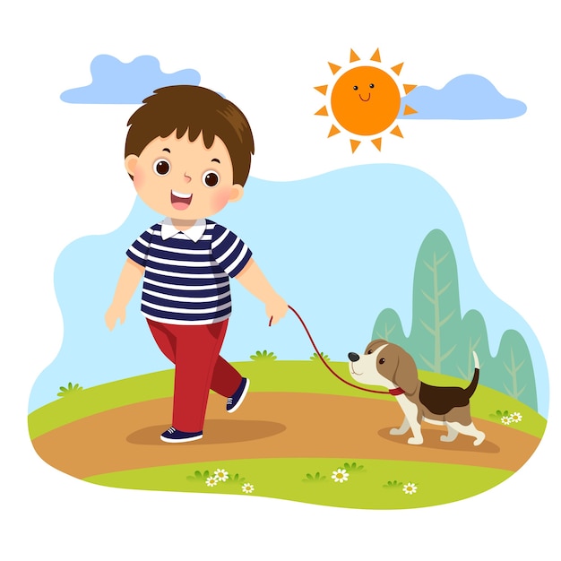 Premium Vector | Cartoon of a little boy taking his dog for a walk ...