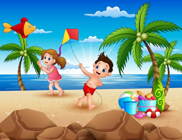 Premium Vector Cartoon Of Little Children Playing With Kites On The Beach