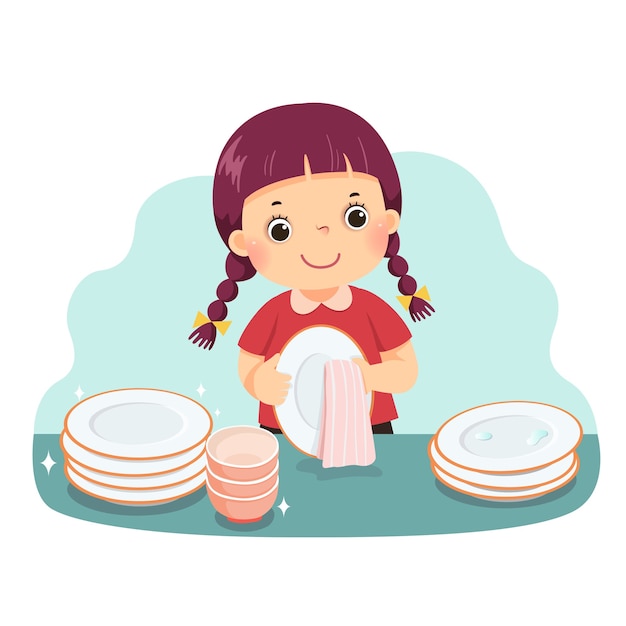 Premium Vector Cartoon of a little girl drying the dishes at kitchen