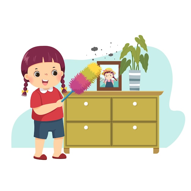 Premium Vector Cartoon of a little girl dusting the