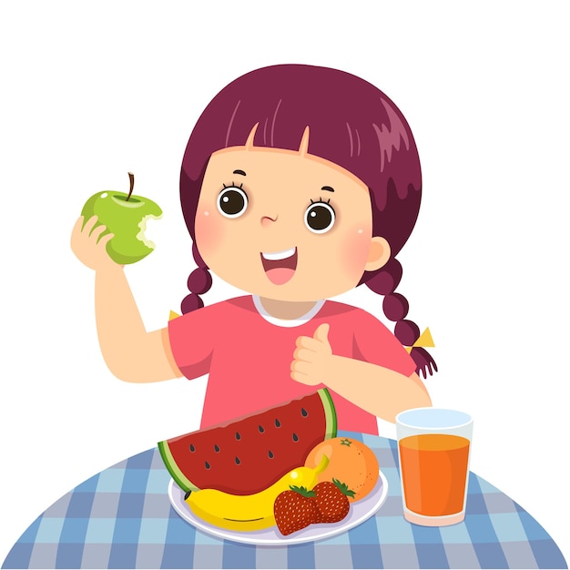 Premium Vector | Cartoon of a little girl eating green apple and ...