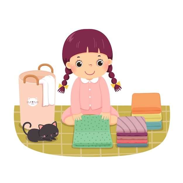 Premium Vector | Cartoon of a little girl folding clothes. kids doing ...