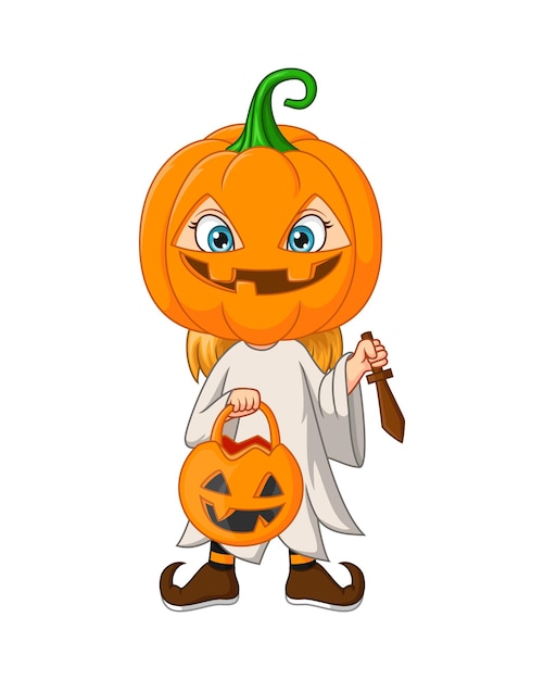 Premium Vector | Cartoon little girl wearing halloween pumpkin costume