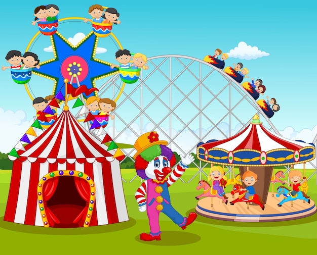 Premium Vector | Cartoon little kid and clown in the carnival festival