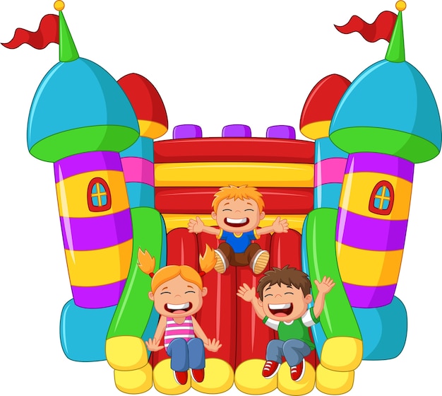 Premium Vector | Cartoon little kid playing slide on the inflatable balloon