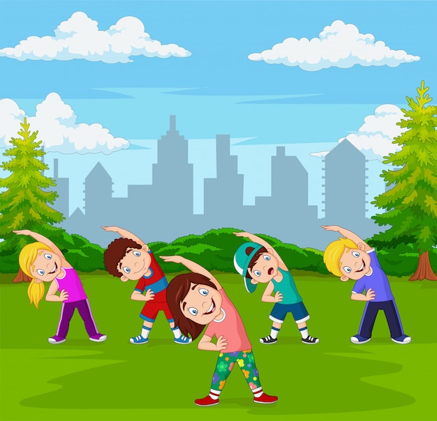 Premium Vector | Cartoon little kids exercising in green city park