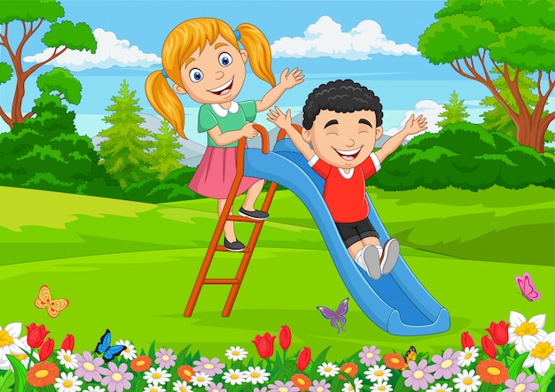 Premium Vector Cartoon Little Kids Playing Sliding Down In The Park