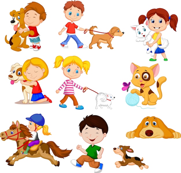 Premium Vector | Cartoon little kids with pets