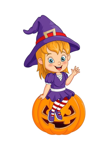 Premium Vector | Cartoon little witch sitting on halloween pumpkin