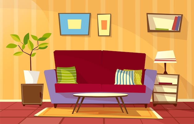 Cartoon living room interior background template. cozy house apartment