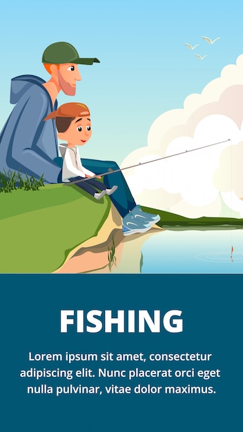 Download Cartoon man and boy father son fishing banner Vector ...