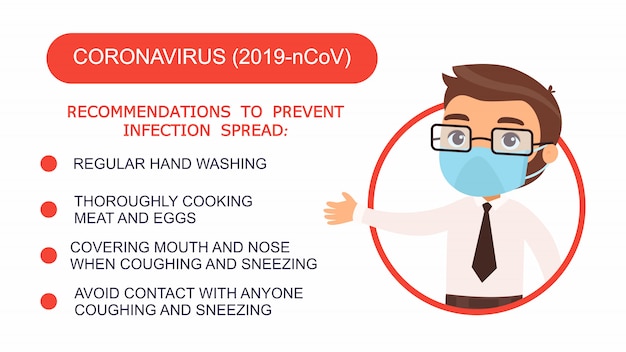 オフィススーツを着た漫画男は コロナウイルスに対する保護のための推奨事項のリストを指しています 彼の顔にマディカルマスクを持つキャラクター ウイルス保護のインフォグラフィック プレミアムベクター