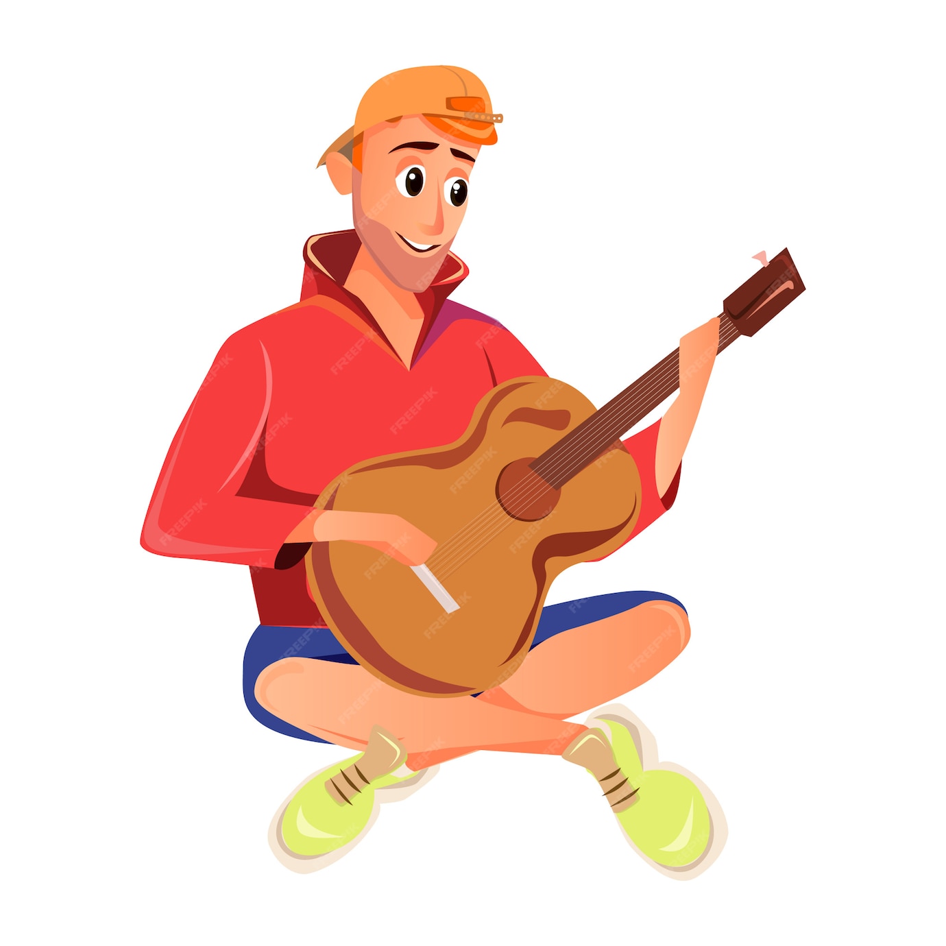 Premium Vector | Cartoon man play acoustic guitar sitting outdoors