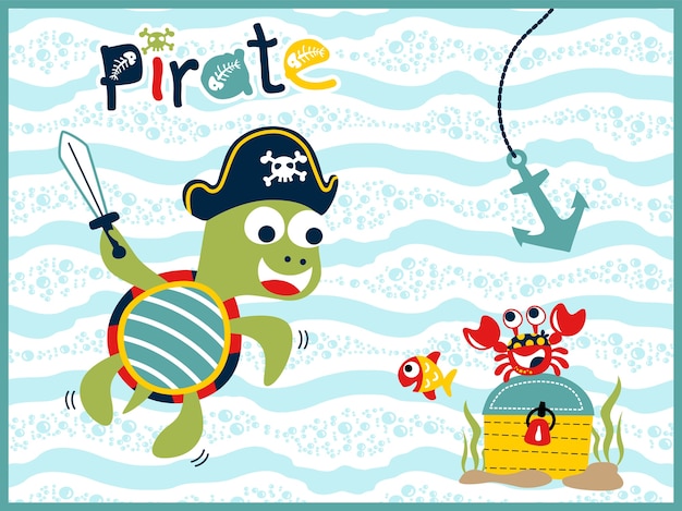 Premium Vector | Cartoon of marine life with funny treasure hunter