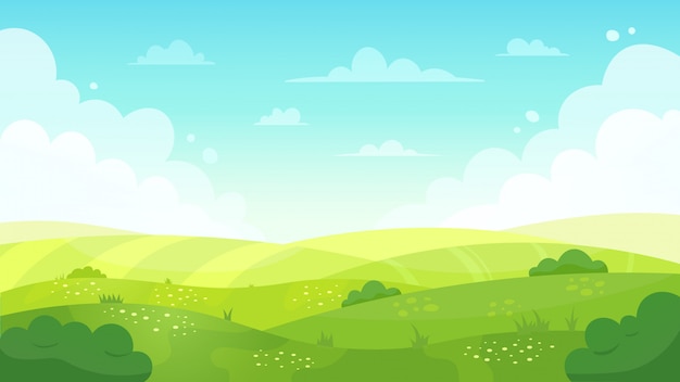 プレミアムベクター 漫画の草原の風景 夏の緑のフィールドビュー 春の芝生の丘と青い空 緑の芝生フィールド風景の背景イラスト 野草 牧草地の風景春または夏