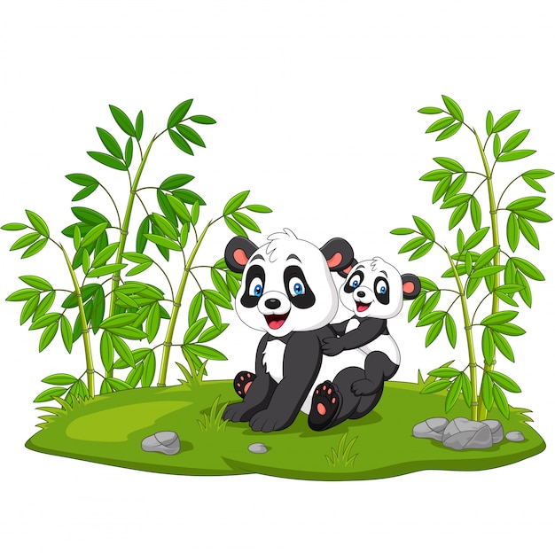 Download Cartoon mom and baby panda in the bamboo tree | Premium Vector