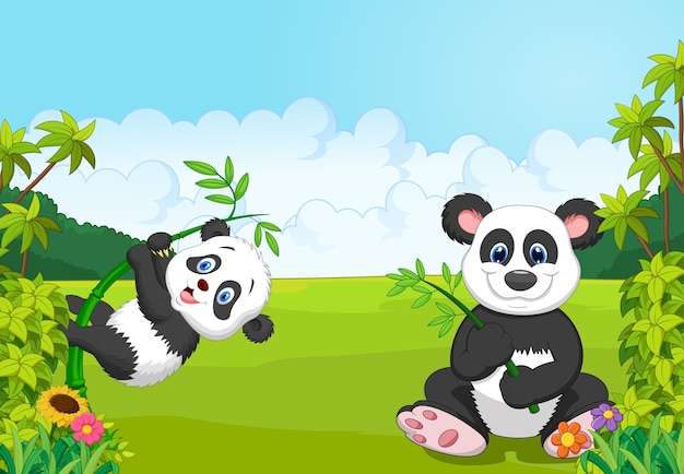 Download Cartoon mom and baby panda climbing bamboo tree Vector ...