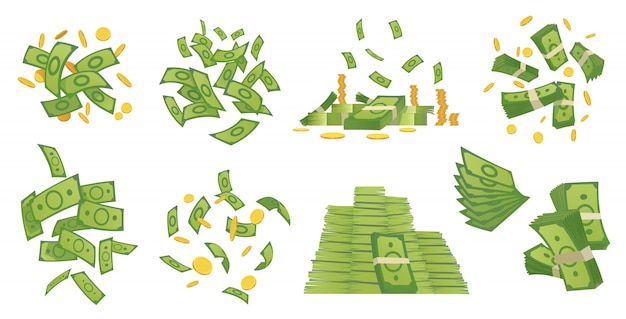 漫画のお金のコレクション 緑の紙幣と金貨の漫画イラスト 飛んで 手形 コインの山をロールします ドルの雨 プレミアムベクター